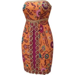 Cynthia Cynthia Steffe Vtg Y2K Size 6 Boho Strapless Floral Dress Metallic Trim